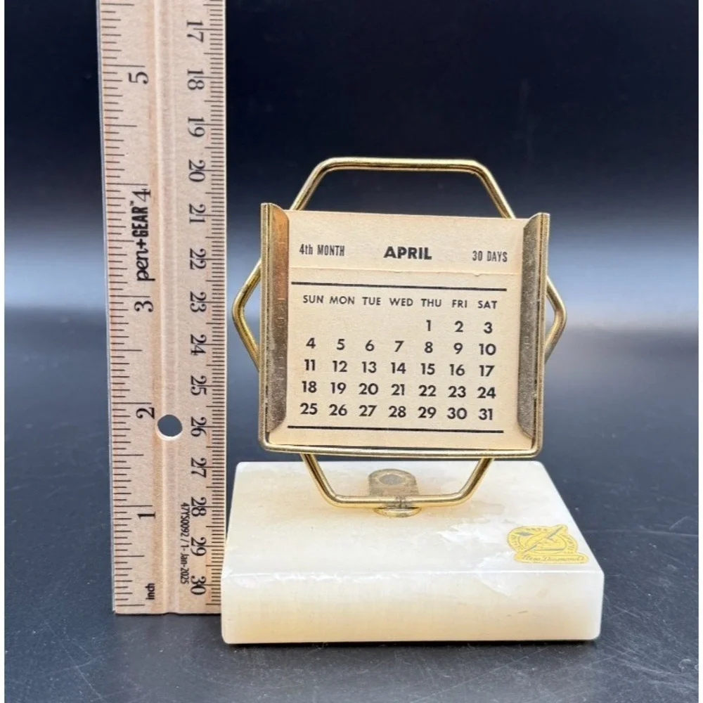 Perpetual Desk Calendar Brass Onyx Base Stone Mid Century Art Deco Complete